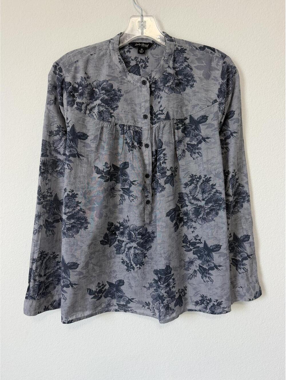 Lucky Brand Long Sleeve Half Button Striped/Floral Chambray Blouse Size M